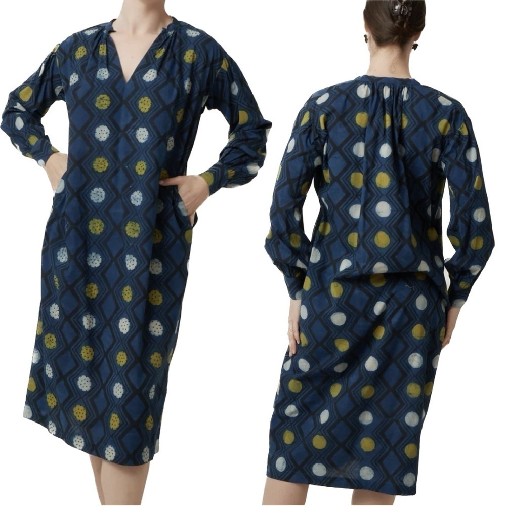 V De Vinster NWOT Karma Midi Dress Blue Beaded 100% Cotton Large Lagenlook